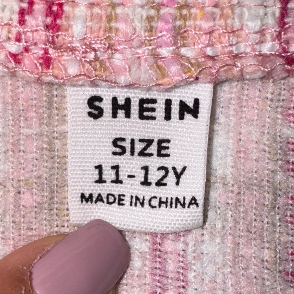 SHEIN Pink and White Plaid Print Tweed Crop Jacket Blazer Skirt . - Picture 5 of 13